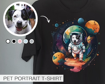 Custom dog cat or other pet portrait t-shirt in a spacesuit on cosmic background for pet owners Personalized hand illustrated gift