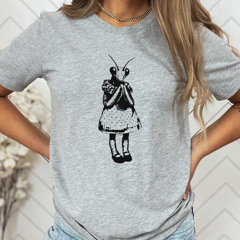 Puede incluir: Camiseta gris con un gr&aacute;fico en blanco y negro de una mantis religiosa con un vestido. El insecto se representa con las manos juntas, con un vestido de lunares y zapatos negros. La camiseta es de estilo casual.
