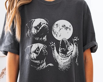Three Pugs Vintage Graphic T-shirt, Retro Pug Moon Tshirt, Pug Lovers, Funny Pug Mom or Dad Tee, Oversized Washed Tee, Pug Gift