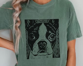 Funny Boston Terrier Ink Engraved Shirt – Vintage Boston Terrier Face Dog Art Tee for Terrier Mom or Dad, Retro Engraving Style Gift