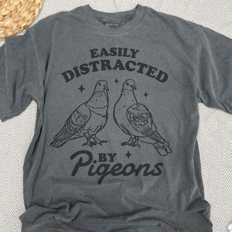 May include: Charcoal grey t-shirt with the phrase "EASILY DISTRACTED BY PIGEONS" in black. The design includes two pigeon illustrations and star shapes. The shirt has a crew neck and short sleeves.