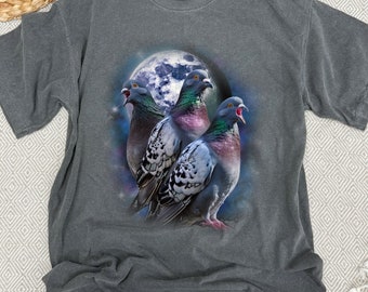 Koszulka Three Pigeons Howling at Moon, koszulka Vintage Funny Pigeon, koszulka Retro Bird Lover Gift, humorystyczna koszulka Local Birds w stylu lat 90.