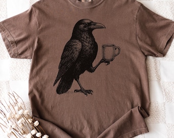 Vintage Crow Coffee Shirt – Retro Raven With Coffee Tee, Mystic