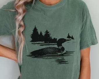 Linocut Common Loon T-Shirt – Minimalist Wildlife Bird Tee for Nature & Bird Lovers, Lake Cabin Gift