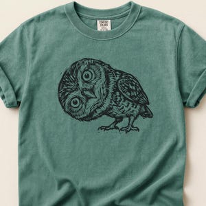 May include: A teal-colored t-shirt featuring a black illustration of an owl with large eyes and a tilted head. The owl is centered on the shirt, with the Comfort Colors tag visible at the neckline. The sleeves are rolled up.