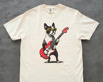 Rock Boston Shirt – Vintage Boston Terrier Playing Guitar T-Shirt, Funny Boston Dog Rocker Tee for Mom Dad, Retro Music Lover Gift, Cute Dog