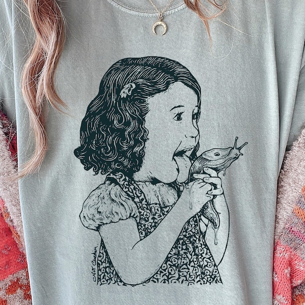 Vintage Girl With Slug T-Shirt, Weird Aesthetic Creepy Cute Meme Tee, Retro Grotesque Art, Dark Humor Surreal Graphic, Unhinged Oddity Gift