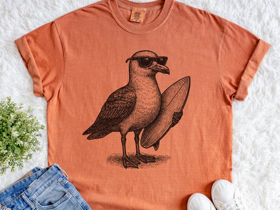 Vintage Seagull Surfing Shirt – Funny Summer Beach Surfer Bird Tee, Retro Seagull Wave Rider T-Shirt, Ocean Vibes Coastal Gift Idea