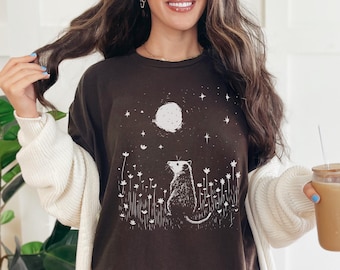 Moon Possum T-Shirt: Opossum in Starry Meadow – Whimsical Nature Night Tee for Animal & Sky Lovers, Linocut Minimal Style Shirt