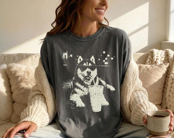 Funny Husky Iced Coffee Summer Comfort Colors T-Shirt: Perfect Gift for Siberian Husky Dog Mom Dad - Husky Owner T, Vintage Husky Lover Meme