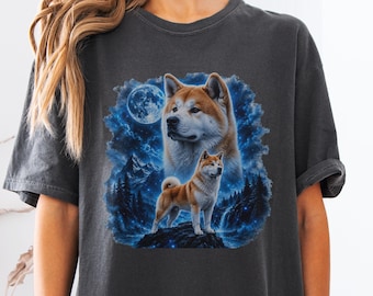 Epic Akita Inu Comfort Colors T-Shirt, Moonlit Akita Dog Mom Gift Tee, Akita Dad T, Fantasy Dog Lover Gift, Vintage Mountain
