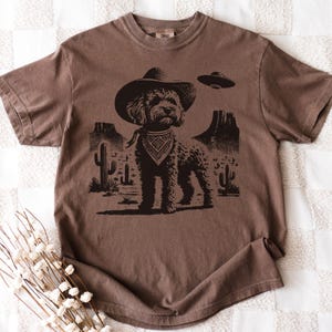 Pu&ograve; includere: T-shirt marrone con grafica nera di un cane con cappello da cowboy e bandana, ambientato in un paesaggio desertico con cactus e un UFO. La maglietta ha un aspetto vintage e usurato.