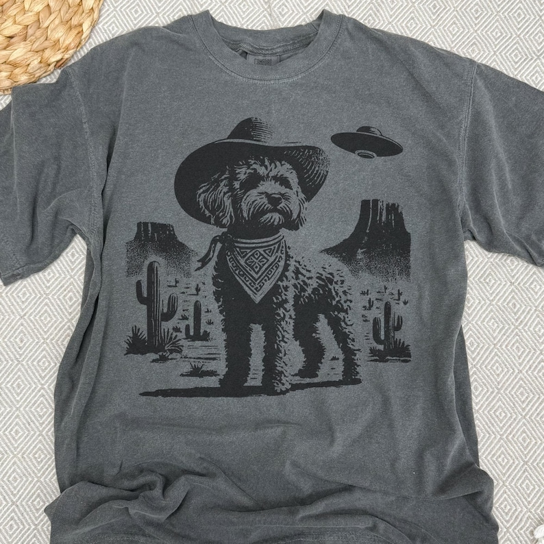 Pu&ograve; includere: T-shirt grigio scuro con grafica nera di un cane con cappello da cowboy e bandana, ambientato in un paesaggio desertico con cactus e formazioni rocciose. Un UFO &egrave; raffigurato sopra il cane.