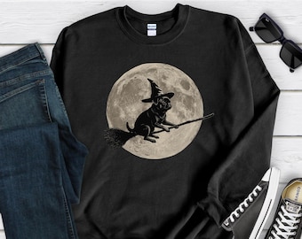 Petit Brabancon Witch Sweatshirt, Spooky Dog on Broom Moon Graphic, Funny Halloween Griffon Lover Gift