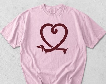 Dachshund Heart Comfort Colors T-Shirt - Minimalist Doxie Love Tee, Wiener Dog Mom Dad Gift, Cute Valentine Dog Shirt