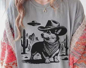 Western Corgi T-Shirt: Vintage UFO Cowboy Corgi Tee, Ranch Dog Country Style, Corgi Mom or Dad Gift