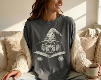 Witch Doodle Comfort Colors T-Shirt: Labradoodle Mom Gift, Doodle Dog Dad Tee, Goldendoodle Reading Book Shirt, Halloween Dog