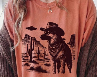 Western Shepherd T-Shirt: Vintage Comfort Colors UFO German Shepherd Cowboy GSD Mom or Dad Gift Tee - Ranch Dog Country Style