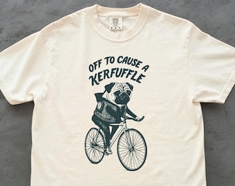 Vintage Pug Bicycle Kerfuffle Shirt – Funny Engraved Dog Rider Tee, Retro Mischief Pug Ink Art for Pug Mom, Dad, Bicycle & Chaos Lovers