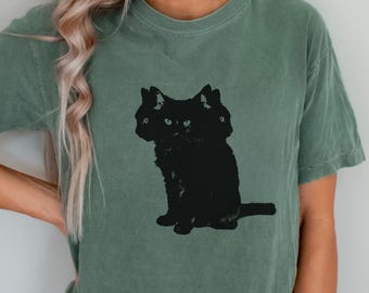 Three Headed Black Cat T-Shirt – Minimalist Witchy Cat Linocut Tee, Spooky Feline Lover Gift, Occult Surreal Cat Art Shirt