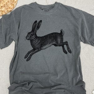 May include: Gray t-shirt featuring a black illustration of a leaping hare. The graphic is detailed, showing the hare's fur and posture. The shirt has a classic crew neck and short sleeves, suitable for casual wear. The fabric appears soft and pre-washed.