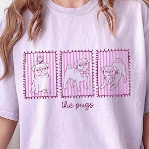Mops-tröja i komfortfärger, söt blommig doodle-mops-tröja, kokett mops-mamma-pappa-present, pastellfärgad t-shirt med hundmotiv
