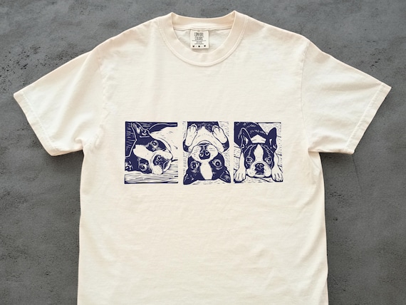 Boston Terrier Shirt Linocut Engraved Ink Style Tee for Boston Terrier Mom Dad Dog Lover Gift for Pet Owner and Terrier Enthusiasts