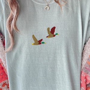 Vintage flying mallard ducks embroidered comfort colors tshirt, cozy nature shirt, duck hunting, outdoors wear, camping shirt, hunter gift t