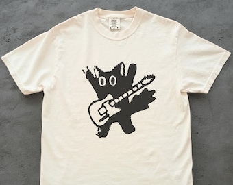 Camiseta de gato rockero, camiseta de banda punk grunge, colores de guitarra abstracta, regalo para amantes de la música indie, gráfico de animal peculiar