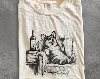 Corgi Wine and Books T-Shirt, Funny Corgi Book Lover Tee, Corgi Mom Gift, Cozy Reading Comfort Colors Shirt