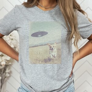 May include: A gray t-shirt with a graphic print of a corgi running towards a flying saucer. The graphic is in a vintage style.