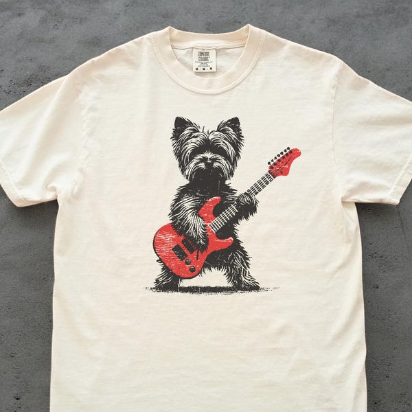 Camiseta Yorkie Rock: Camiseta vintage com estampa de Yorkshire Terrier e guitarra, presente divertido para pais de cachorros amantes da música.
