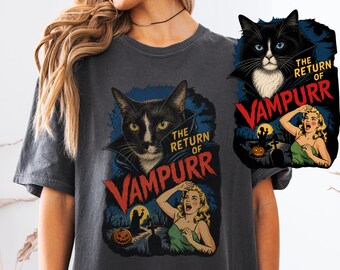 Vampurr Tuxedo Cat Comfort Colors T-Shirt, Dracula Longhair Tuxedo Cat Mom Gift T, Vampire Tuxedo Cat Dad Shirt, Shorthaired Tuxedo Vintage