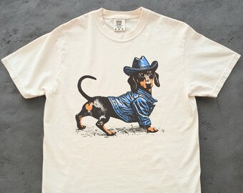 Western Dackel Shirt - Cowboy Doxie Hundebesitzer Geschenk, Wilder Westen Dackel Dad T-Shirt, Country Dackel Hund Vintage T-Shirt, Ranch Dackel Vintage T