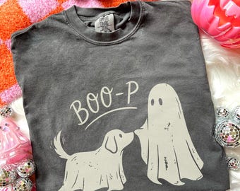 Boo-p Ghost Dog Comfort Colors T-Shirt, Funny Halloween Dog Mom Shirt