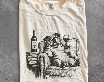 English Bulldog Wine and Books T-Shirt, Funny Bulldog Book Lover Tee, Bulldog Mom Gift, Cozy Reading Comfort Colors Shirt