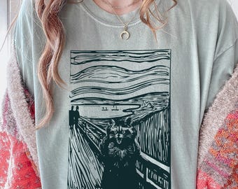 Raccoon Scream Comfort Colors T-Shirt - Munch Inspired Trash Panda Art Tee, Funny Anxiety Raccoon Gift, Weird Animal Shirt
