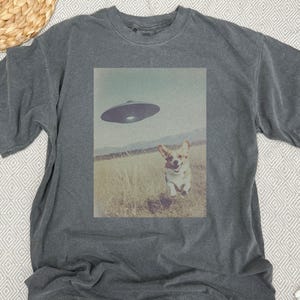 May include: A dark gray t-shirt with a graphic print of a dog looking up at a flying saucer. The dog is a corgi with a white chest and brown and white markings. The flying saucer is a classic disc shape with a light gray color.