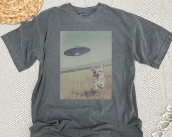 Könnte beinhalten: Ein dunkelgraues T-Shirt mit einem Grafikdruck eines Hundes, der zu einer fliegenden Untertasse aufblickt. Der Hund ist ein Corgi mit einer weißen Brust und braunen und weißen Markierungen. Die fliegende Untertasse ist eine klassische Scheibe in hellgrauer Farbe.