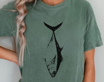 T-shirt vintage thon : t-shirt de pêche minimaliste pour les amoureux de la mer - cadeau de pêcheur rustique, chemise rétro Sea Life aux couleurs du confort