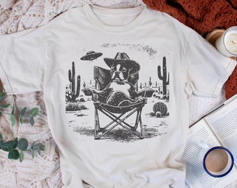 Boston Terrier UFO Western T-Shirt: Vintage Dog Cowboy, American Gentleman, Wild West Country Dog Mom or Dad Gift T