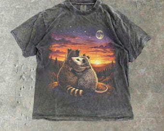 Vintage Raccoon & Possum Hug T-Shirt, Cute Trash Panda and Possum Couple Tee, Sunset Forest Wildlife Graphic, Cozy Nature Gift