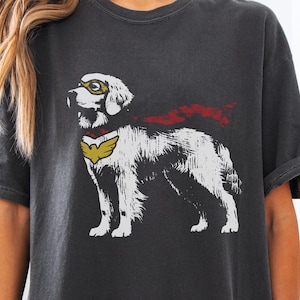 May include: Dark gray t-shirt featuring a white and black dog illustration. The dog is depicted as a superhero, wearing a gold mask and emblem, with a red cape. The design has a distressed, vintage look.