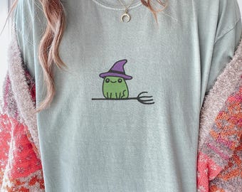 Embroidered Frog Halloween T Shirt Witch Toad Tee Embroidery Spooky Season Shirt Cute Gift For Fall