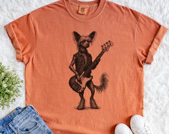 Chinese Crested Rockstar Shirt, Vintage Crested Dog Musician Tee, Guitar Playing Dog Owner Gift, Crested Mom Shirt, Crested Dad Gift
