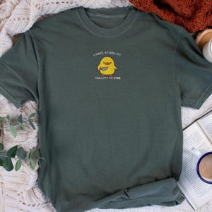 May include: Dark green t-shirt with the text "I HAVE STABILITY" above a cartoon yellow chick holding a knife, with the text "(ABILITY TO STAB)" below. The shirt is made of a soft material.