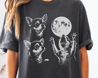 Koszulka z Chihuahua, wyjące chihuahua i grafika księżyca, zabawny prezent dla miłośnika psów, koszulka z grafiką nocnego nieba, unisexowa koszulka dla zwierząt
