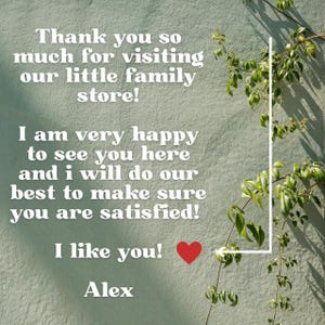 May include: A message on a textured, light green wall. The white text reads: "Thank you so much for visiting our little family store! I am very happy to see you here and I will do our best to make sure you are satisfied! I like you! Alex."