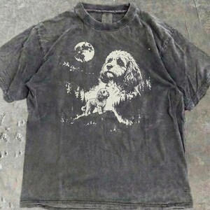May include: A charcoal gray short-sleeve t-shirt with a vintage-style acid wash finish. The front features a cream-colored graphic print depicting a large dog and a smaller dog standing in a forest landscape under a full moon in the night sky.