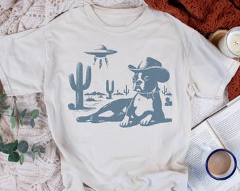 Boston Terrier Shirt, Boston Terrier Retro UFO Western Shirt, Vintage Dog T-Shirt, Cowboy TShirt, Dog Mom, Dog Dad, American Gentleman
